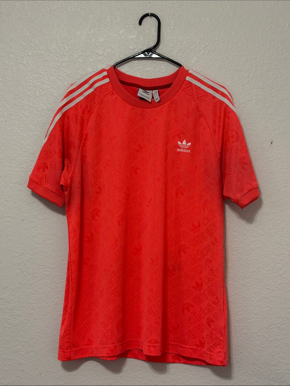 adidas Red Short Sleeve Trefoil Tee with White Shoulder Stripes